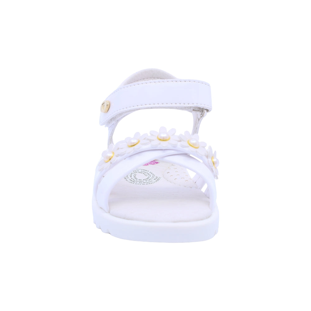 Sandalia Coqueta para niña en charol blanco Rebeca con detalles florales