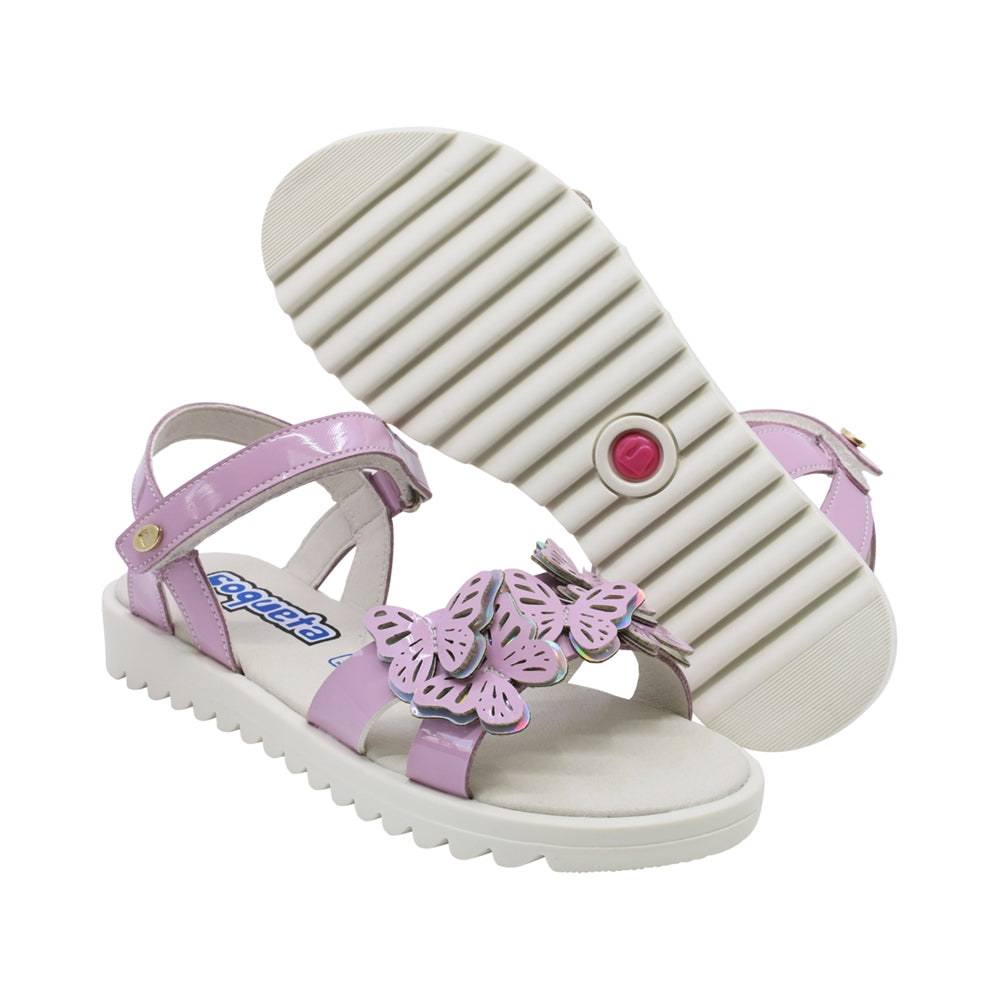Sandalias para niña Coqueta material charol color lila Rebeca diseño de mariposas