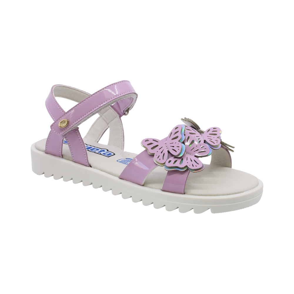 Sandalias para niña Coqueta material charol color lila Rebeca diseño de mariposas