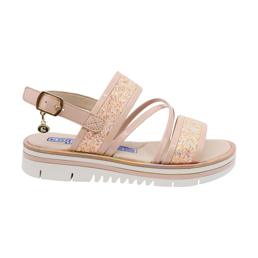 Sandalia Coqueta para niña en charol beige Valentina con glitter decorativo