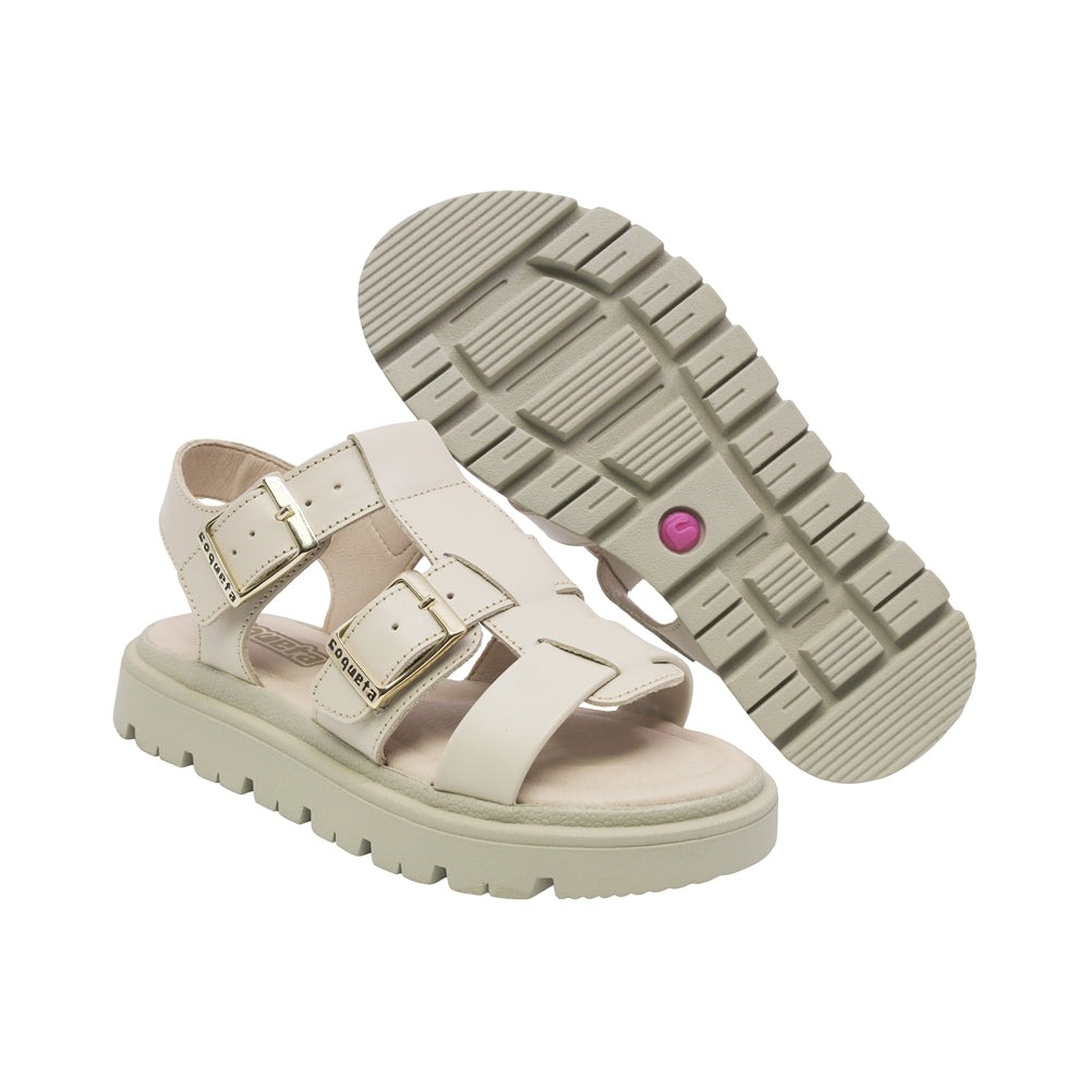 SANDALIA COQUETA PARA NIÑA COLOR BEIGE DE PIEL TOMASA CON HEBILLA