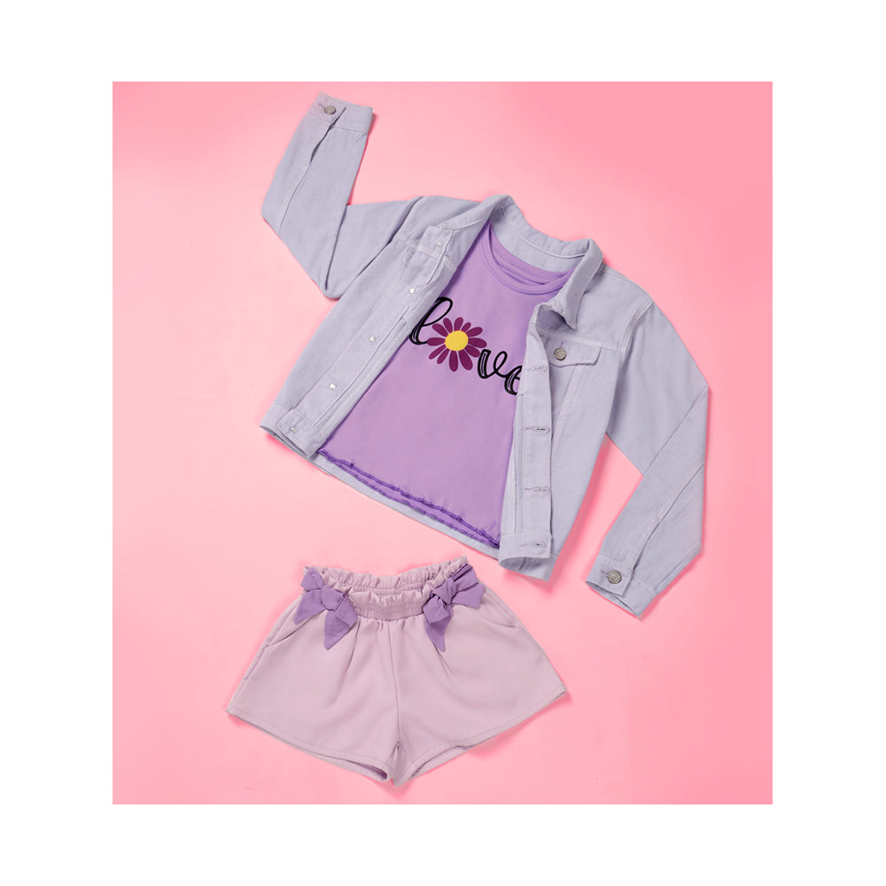 Short Coqueta para niña de algodón lila con moños decorativos