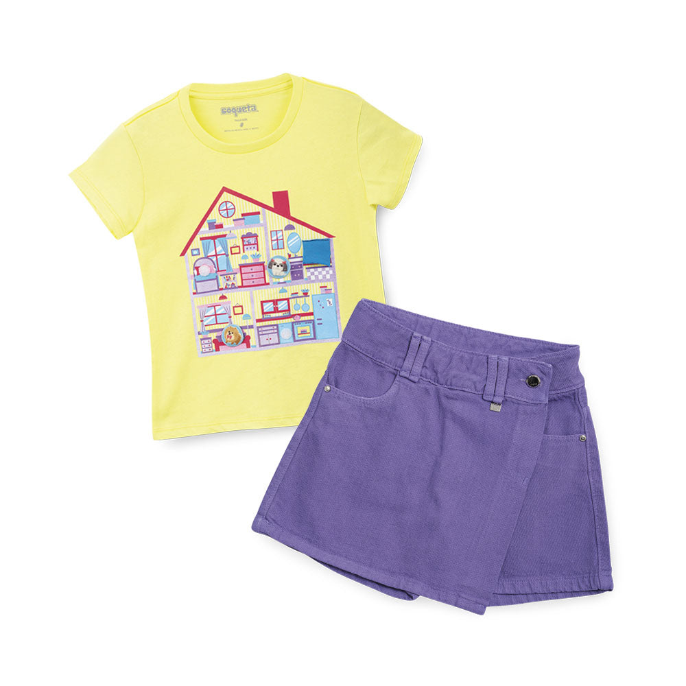 Falda-short Coqueta para niña de algodón morado con cruce al frente