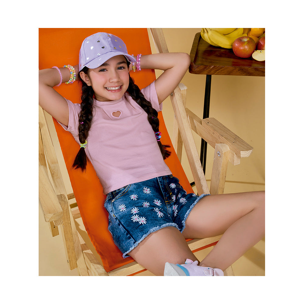 Short Coqueta para niña en algodón azul con bordado de flores