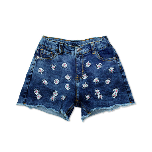 Short Coqueta para niña en algodón azul con bordado de flores