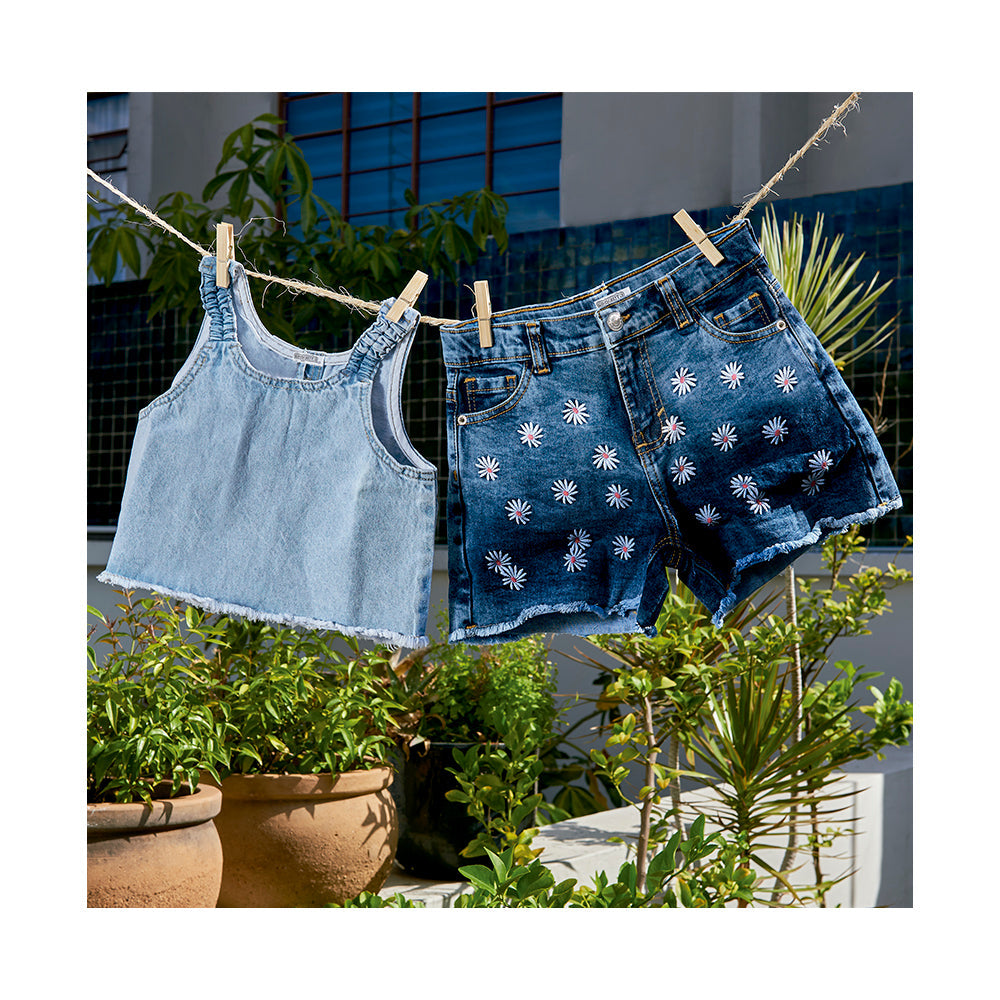 Blusa Coqueta para niña de algodón en azul con efecto denim