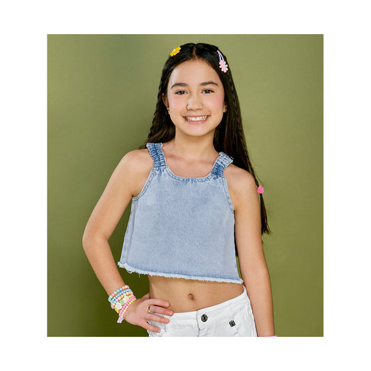 Blusa Coqueta para niña de algodón en  azul con efecto denim