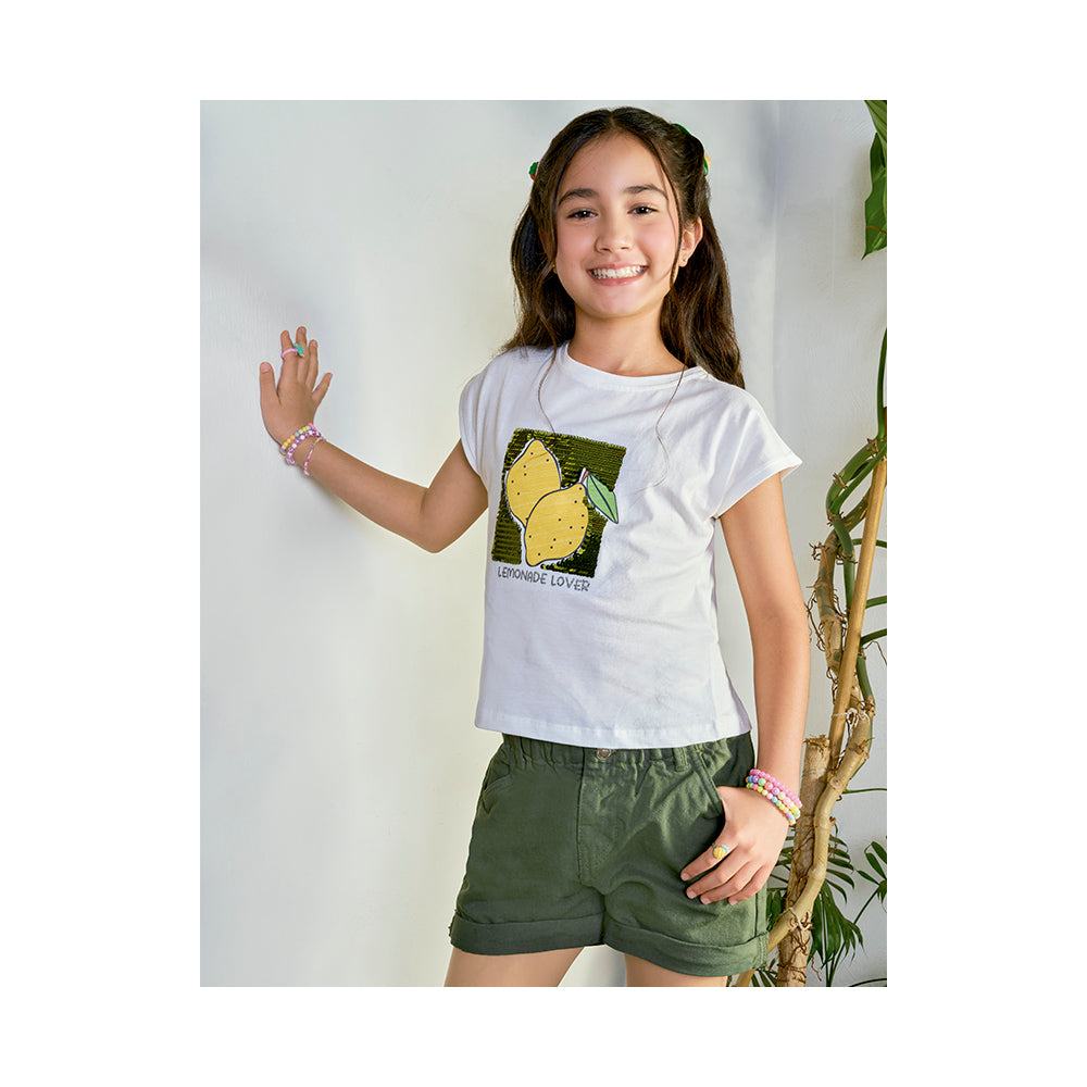 Playera Coqueta para niña en algodón blanco con lentejuela reversible