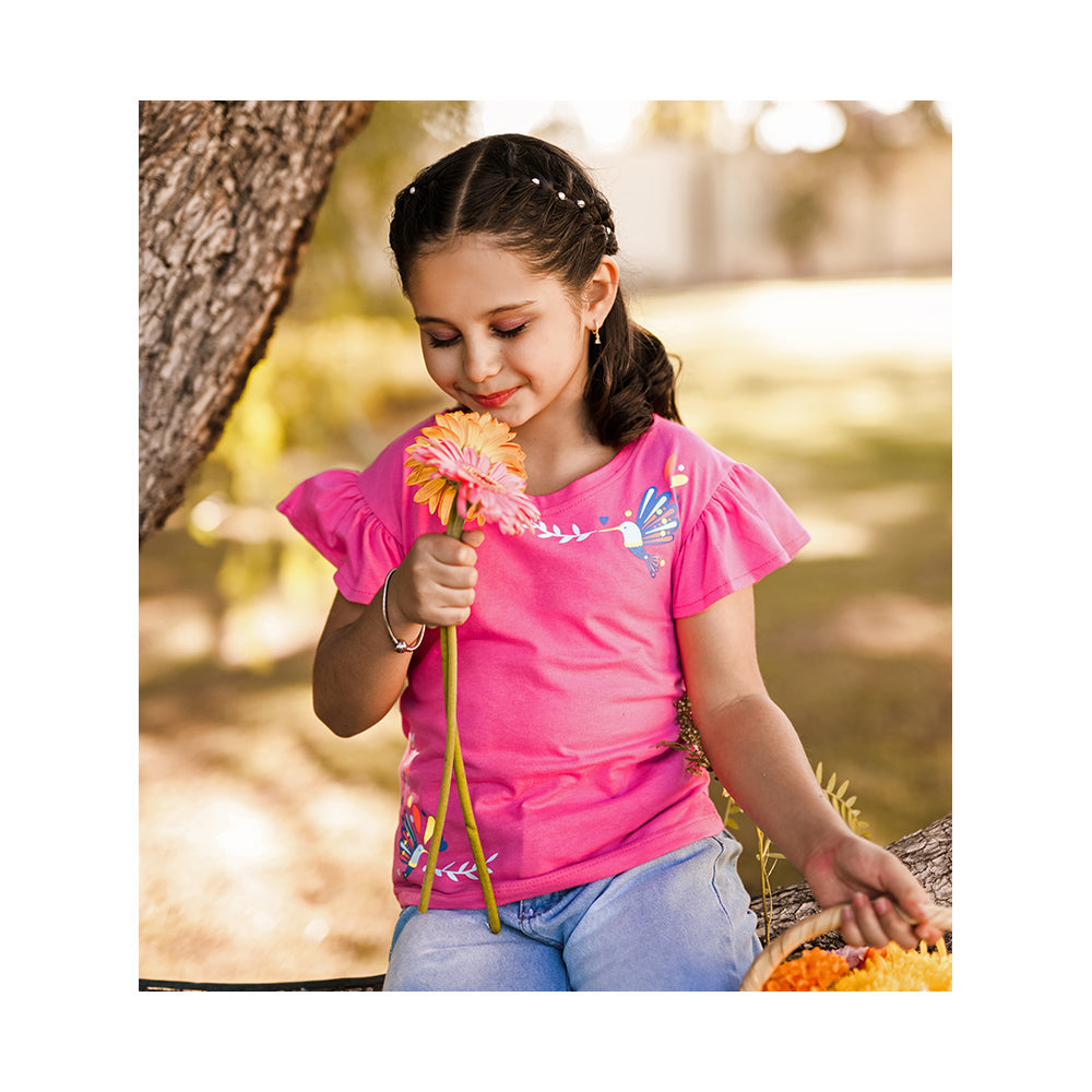 Blusa Coqueta para niña en algodón rosa con mangas de olan