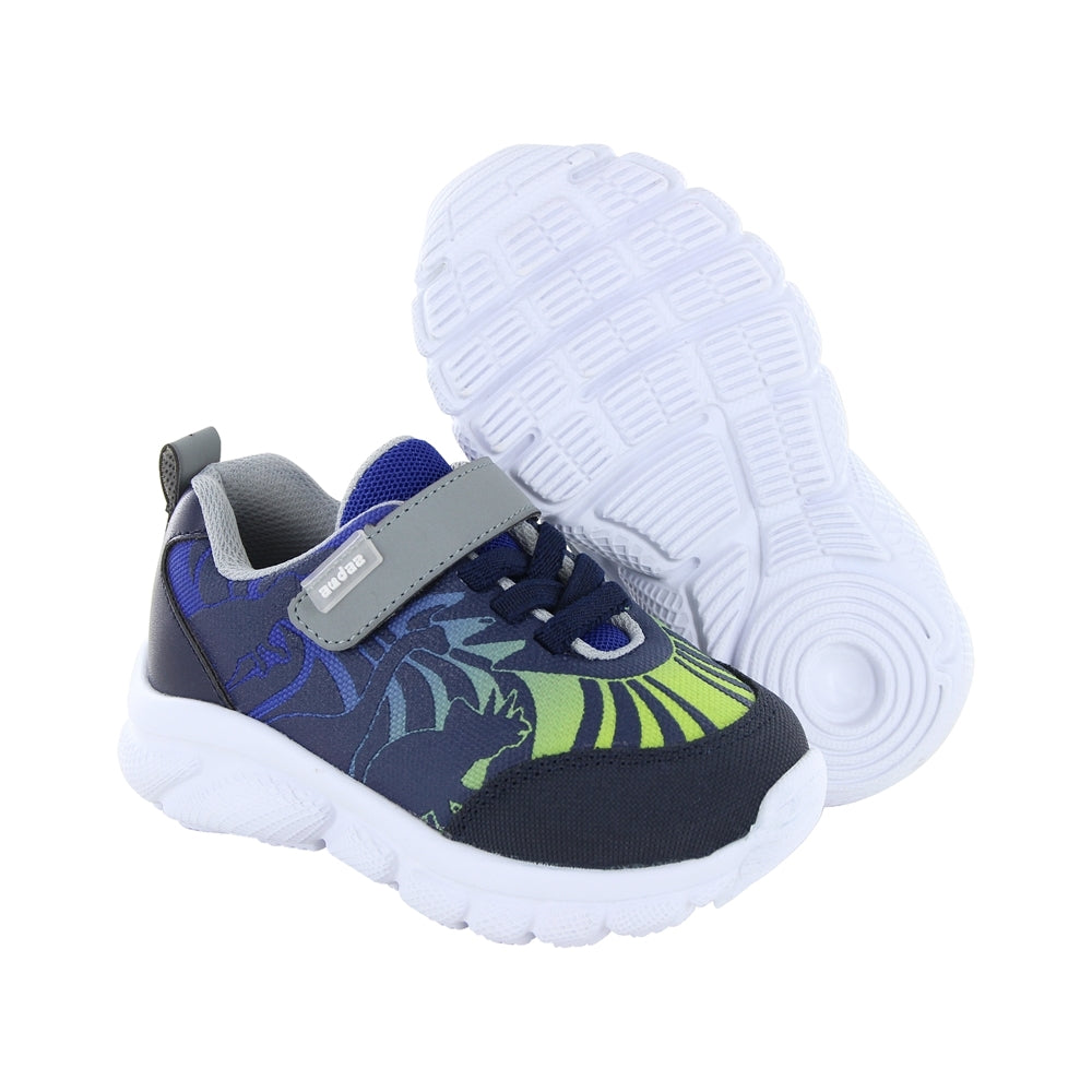 Tenis Audaz para niño en textil azul Waffle con diseño de dinosaurios