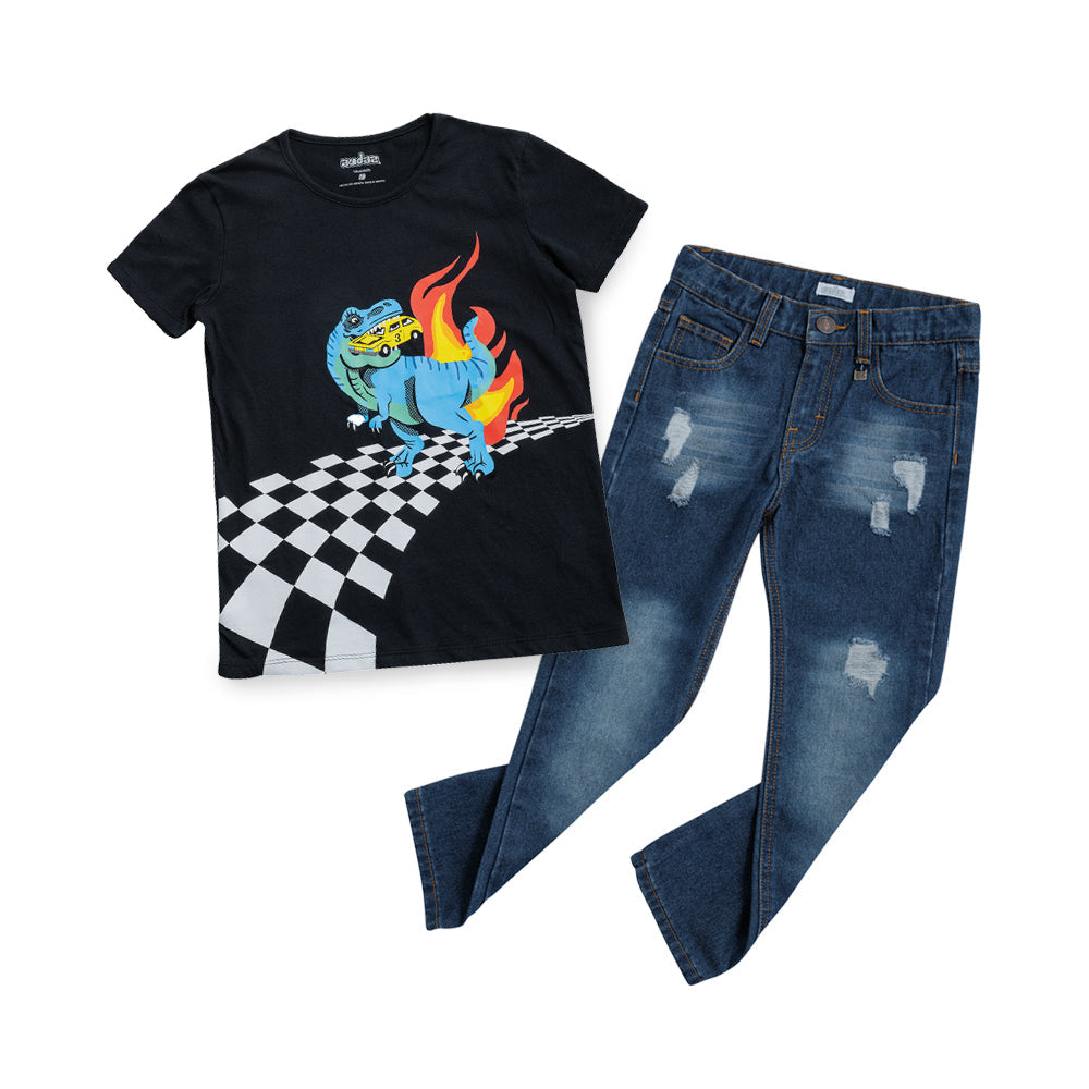 Jeans Audaz para niño de algodón azul marino con acabado deslavado