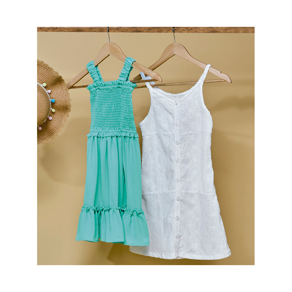 Vestido Coqueta para niña de algodón en verde con diseño fruncido