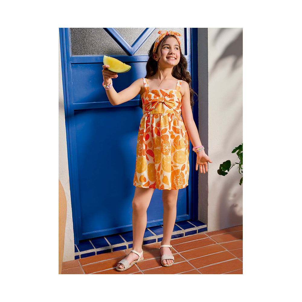 Vestido Coqueta para niña en algodón naranja con estampado frutal y diadema