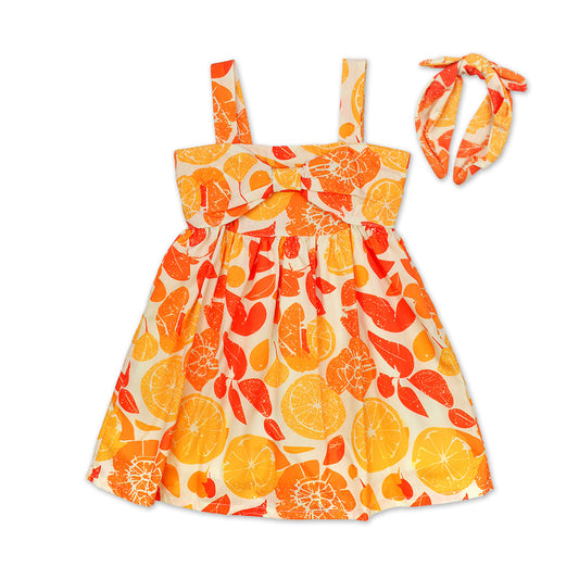 Vestido Coqueta para niña en algodón naranja con estampado frutal y diadema