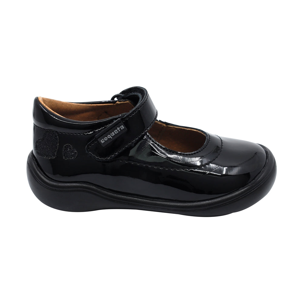 Zapato Escolar Coqueta para niña en charol negro Castor con tira de contacto