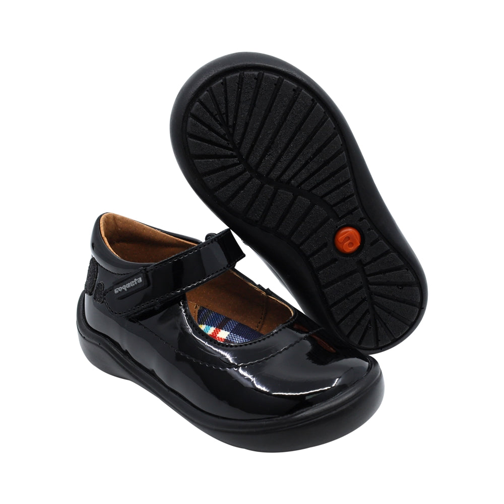 Zapato Escolar Coqueta para niña en charol negro Castor con tira de contacto