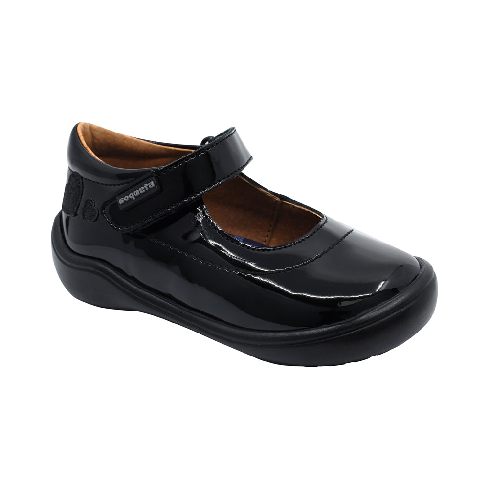 Zapato Escolar Coqueta para niña en charol negro Castor con tira de contacto