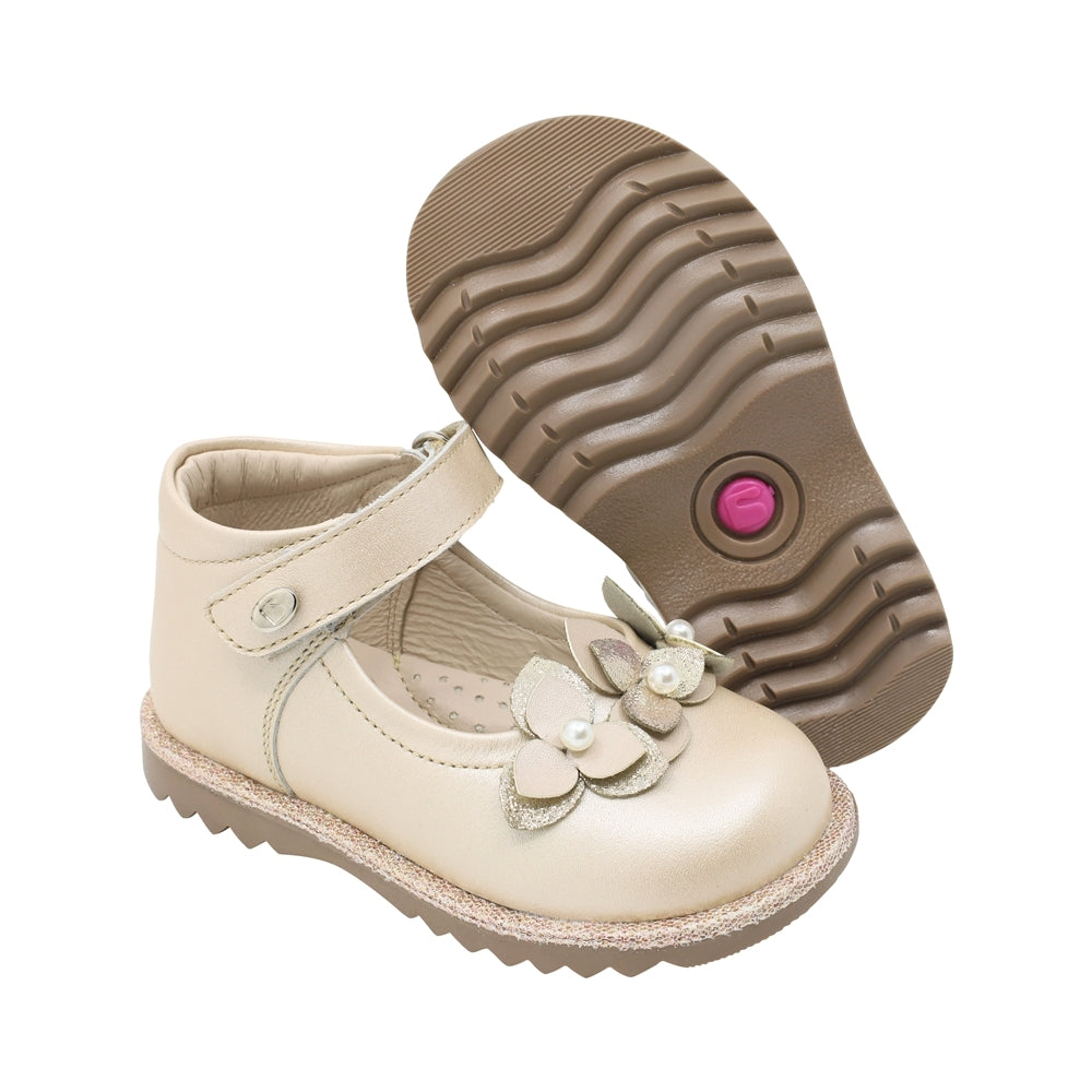 Zapato Coqueta para niña en piel beige Rondy con aplicación floral