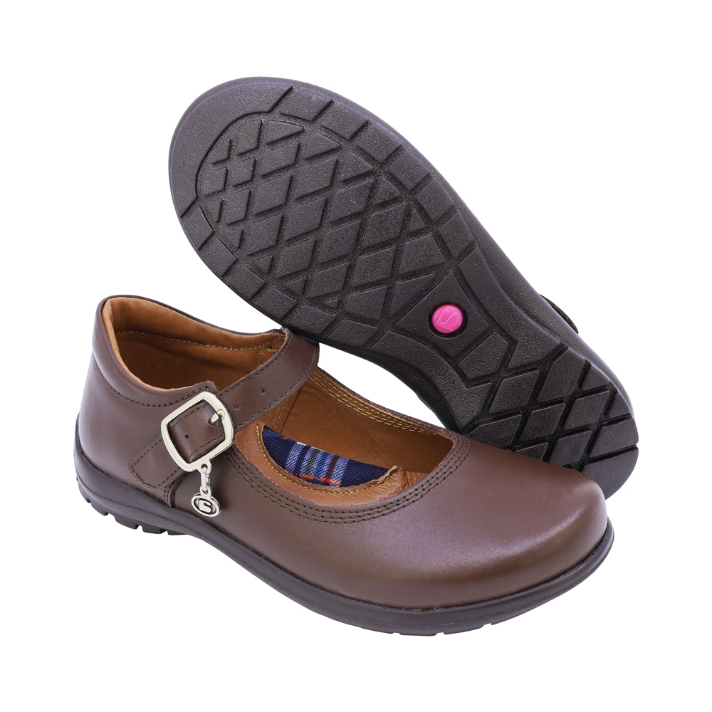 Zapato escolar Coqueta para niña de piel café Danna con hebilla