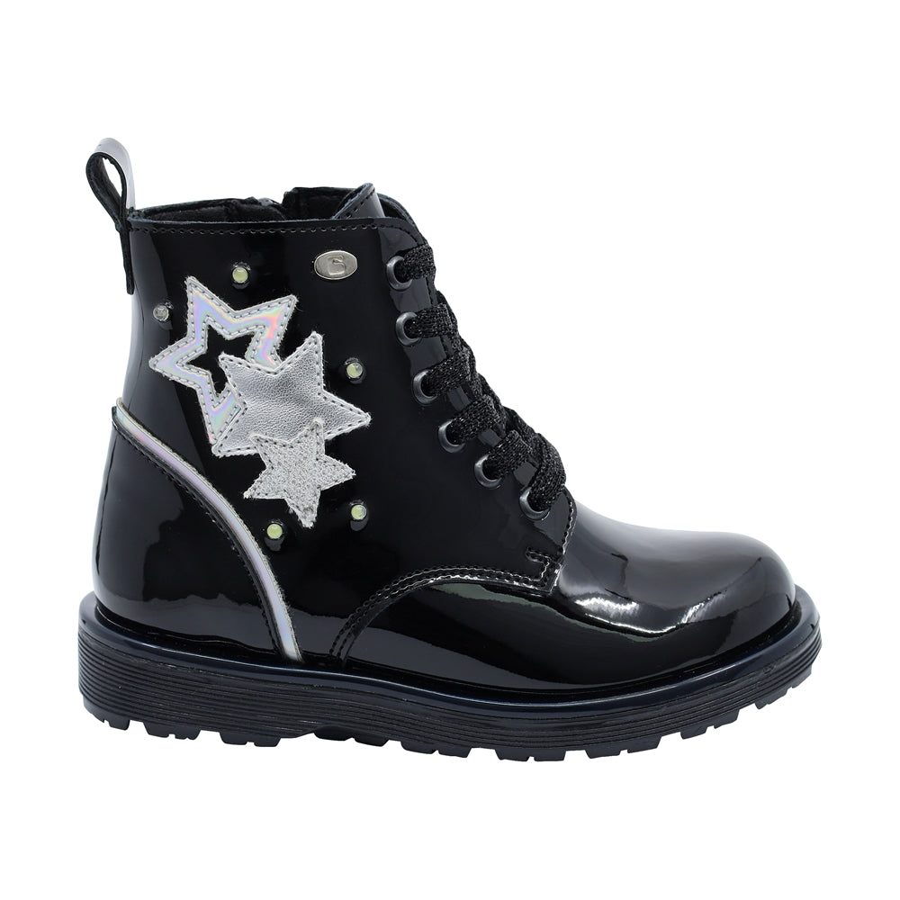Botín Coqueta para niña Charol Negro Elvis con estrellas decorativas