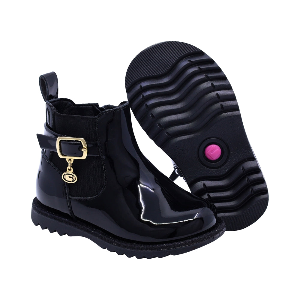 Bota Coqueta para niña en charol negro Rondy con hebilla decorativa