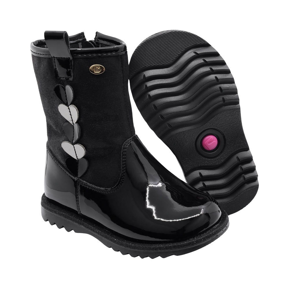 Bota Coqueta para niña en charol negro Rondy con corazones