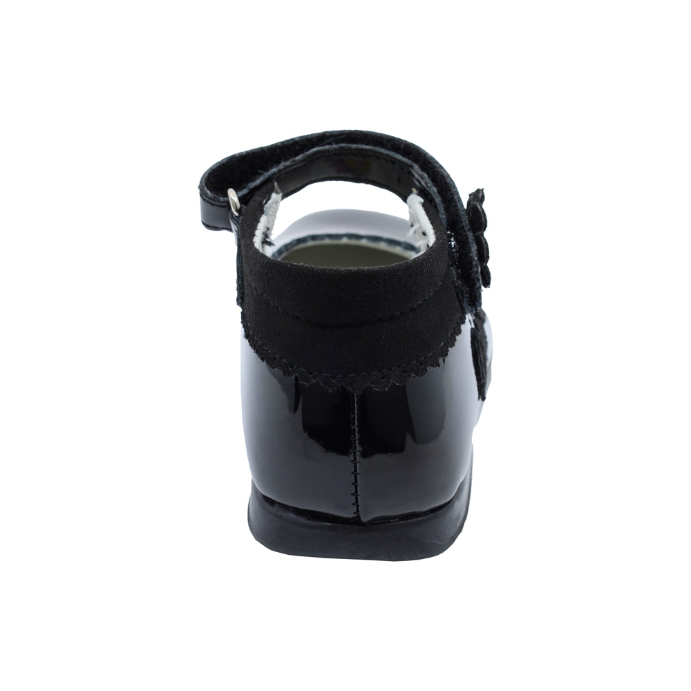 Botita Coqueta para niña de charol negro Pampa con adorno floral