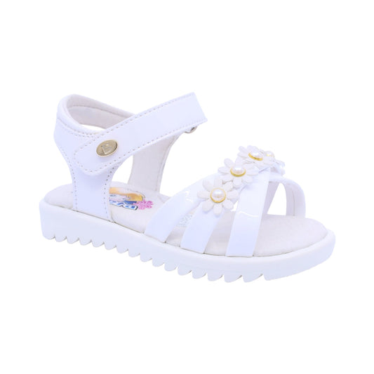 Sandalia para niña Coqueta de material charol color blanco Rebeca con detalles florales