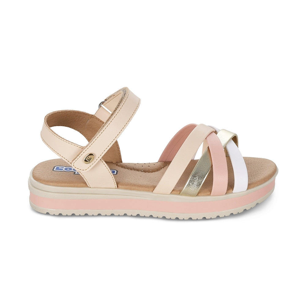 Sandalia Coqueta para niña en sintético beige-oro Cassandra con detalles en oro.