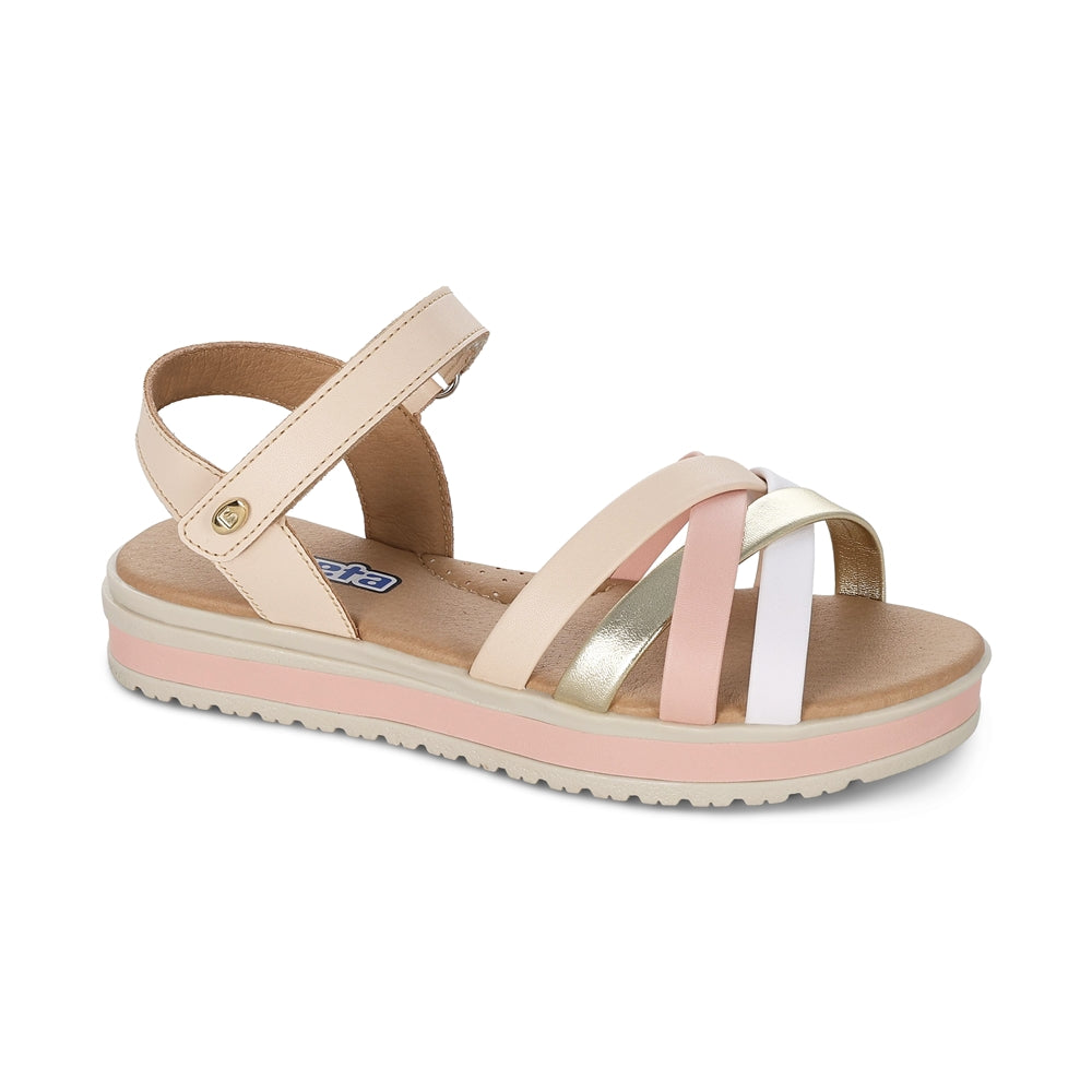 Sandalia Coqueta para niña en sintético beige-oro Cassandra con detalles en oro.