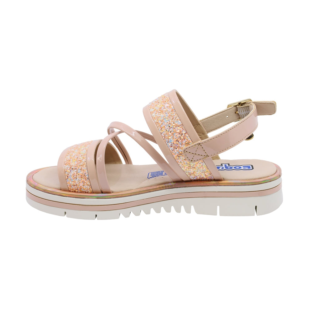 Sandalia Coqueta para niña en charol beige Valentina con glitter decorativo