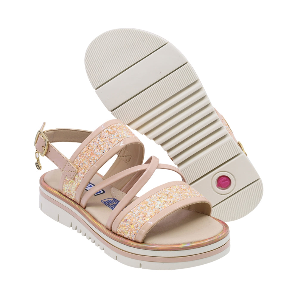 Sandalia Coqueta para niña en charol beige Valentina con glitter decorativo