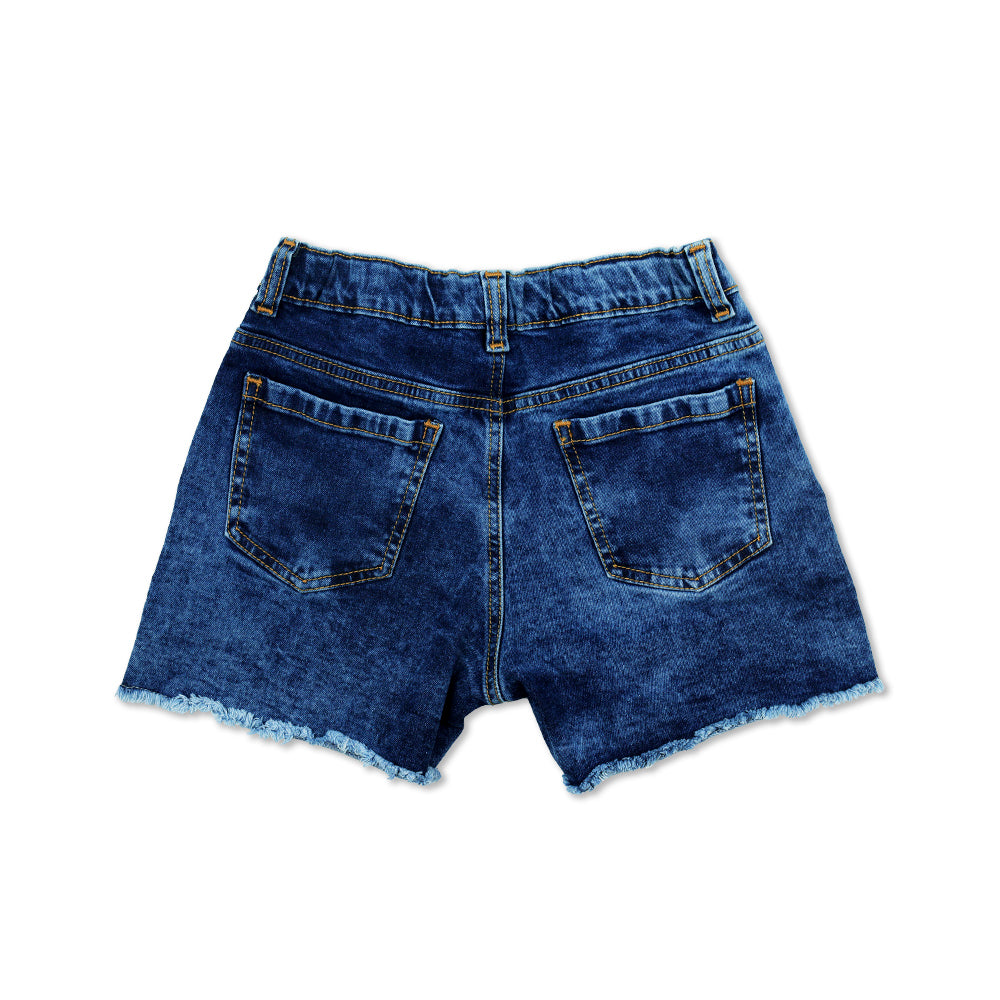 Short Coqueta para niña en algodón azul con bordado de flores