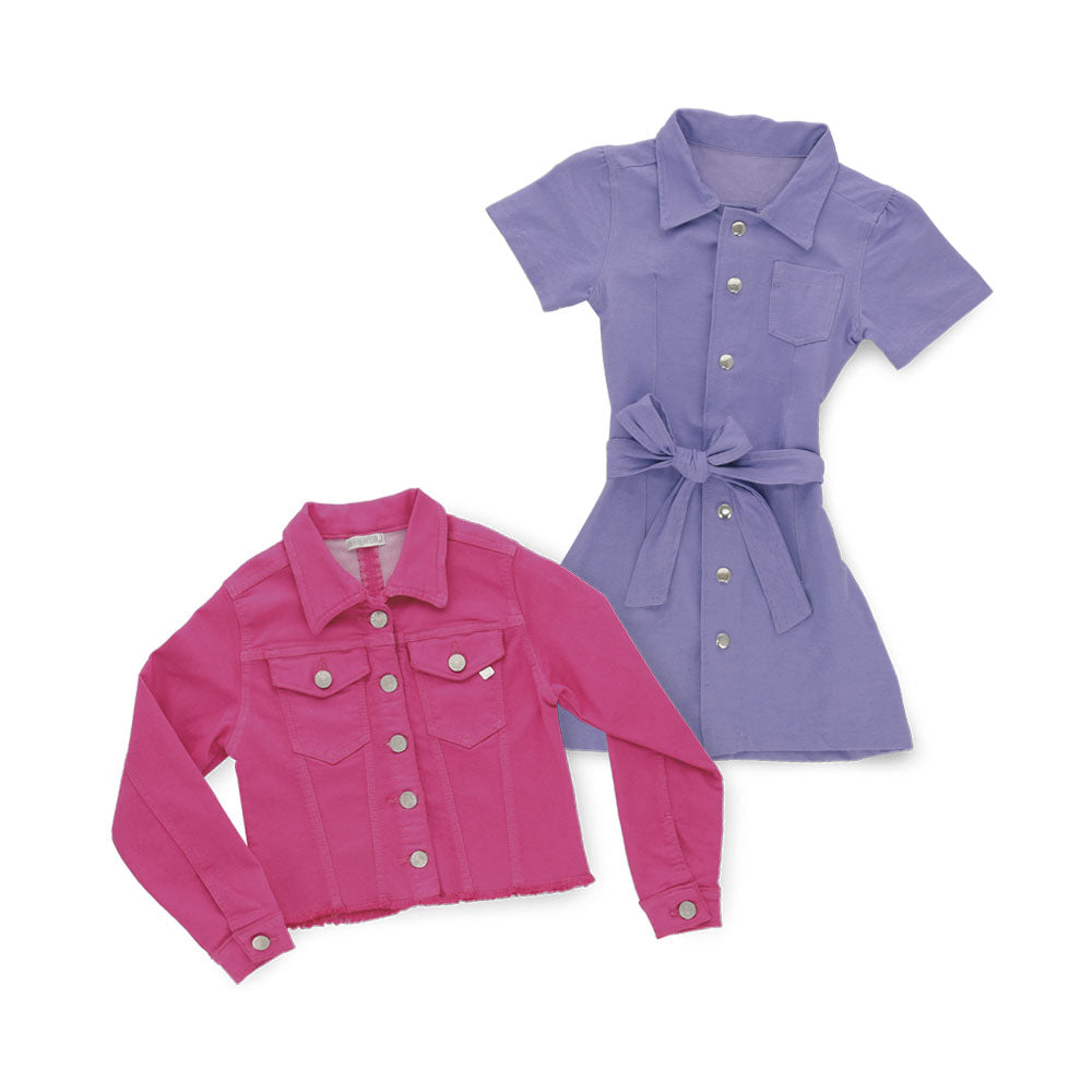 Vestido Coqueta para niña de algodón lila con botones y cinturón