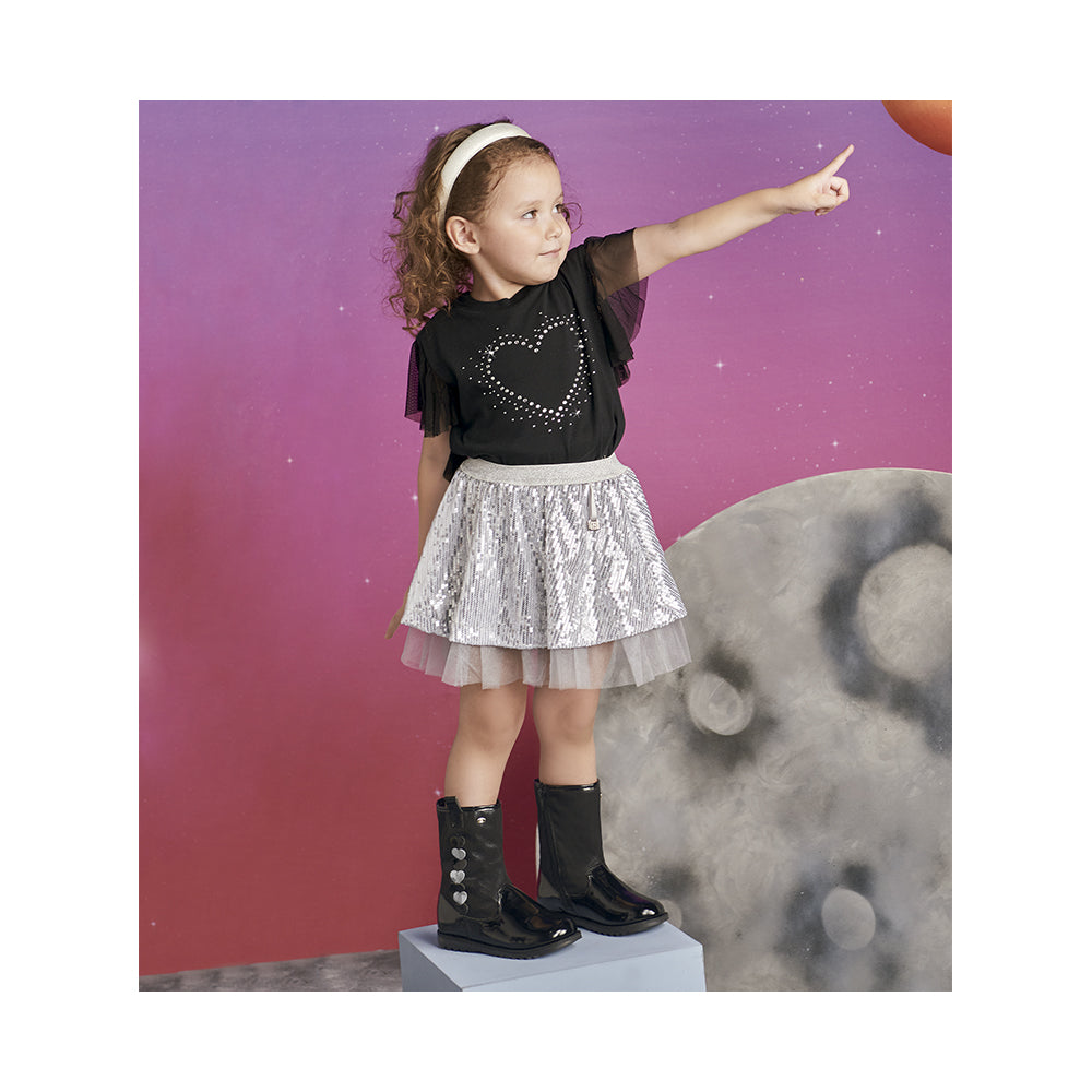 Blusa Coqueta para niña de algodón negro con manga de holanes