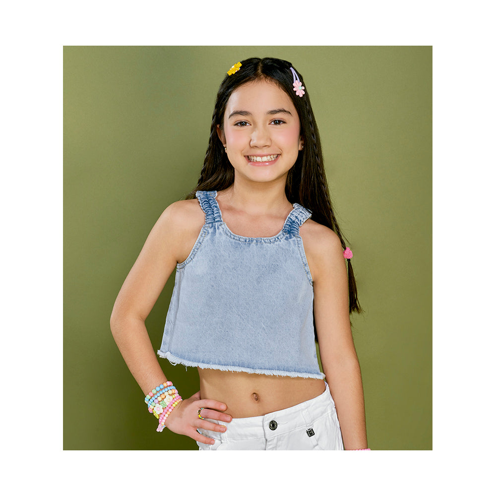 Blusa Coqueta para niña de algodón en  azul con efecto denim