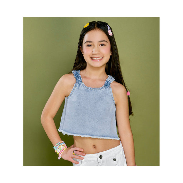Blusa Coqueta para niña de algodón en  azul con efecto denim