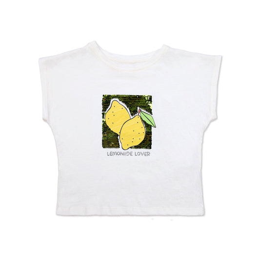 Playera Coqueta para niña en algodón blanco con lentejuela reversible