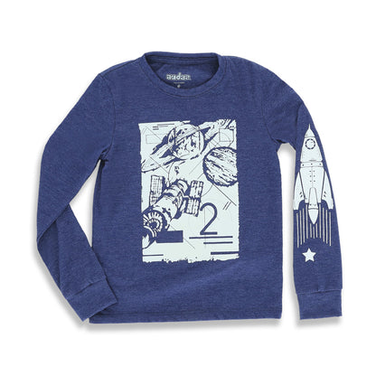 Playera Audaz para niño de poliéster azul marino con estampado espacial