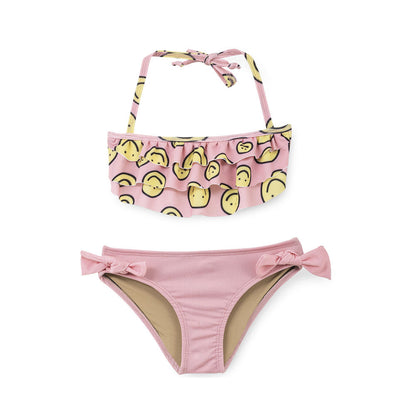 Bikini Coqueta para niña de poliéster rosa con estampado de caritas