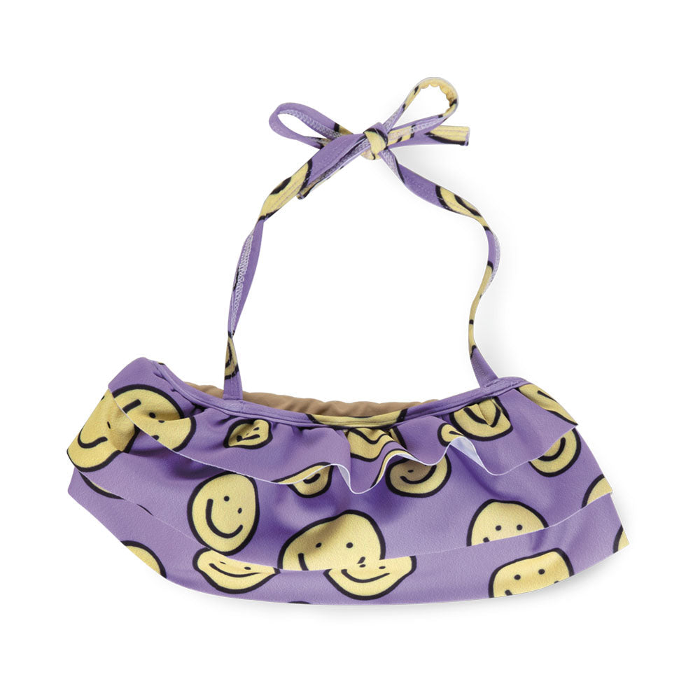 Bikini Coqueta para niña de poliéster lila con estampado de caritas