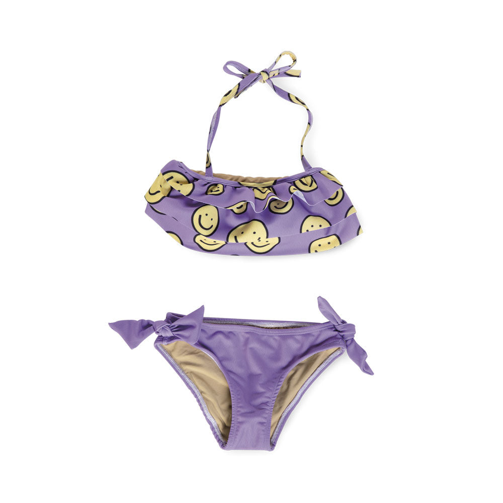 Bikini Coqueta para niña de poliéster lila con estampado de caritas