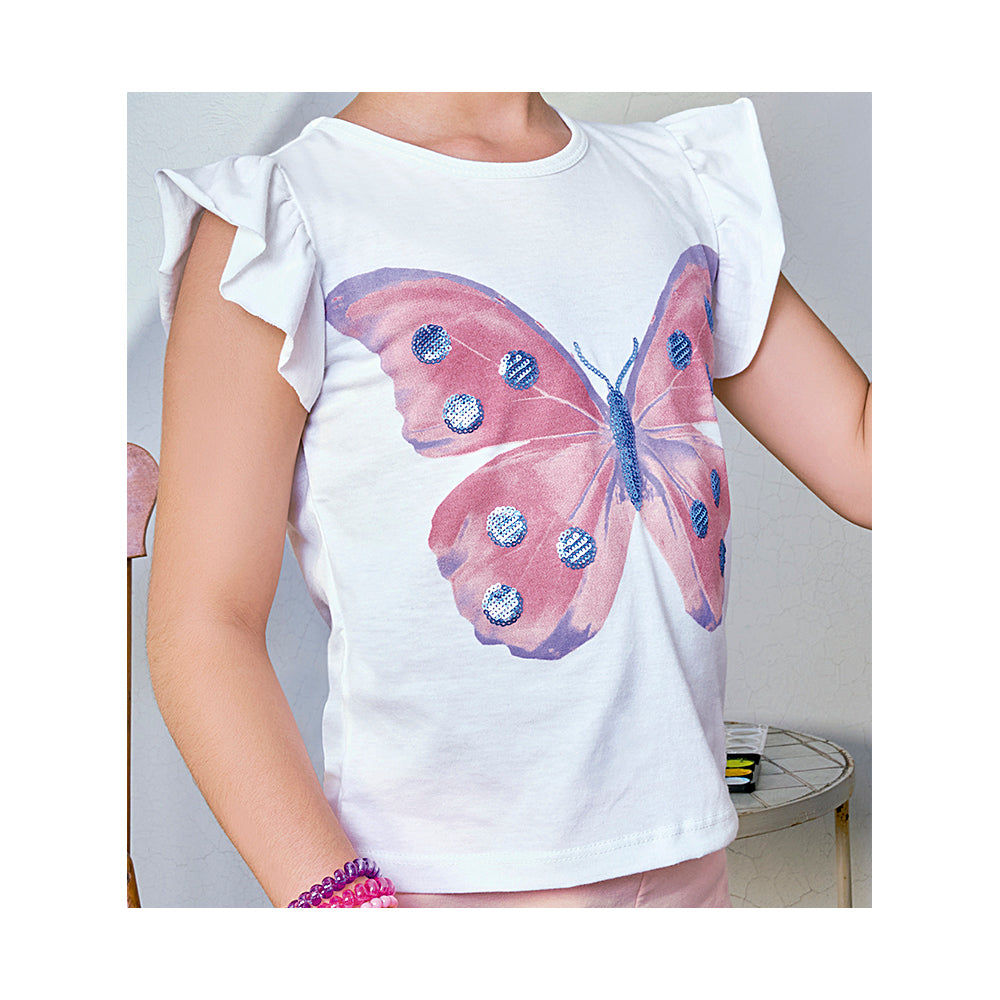 Conjunto Coqueta para niña de algodón en  blanco con estampado de mariposa