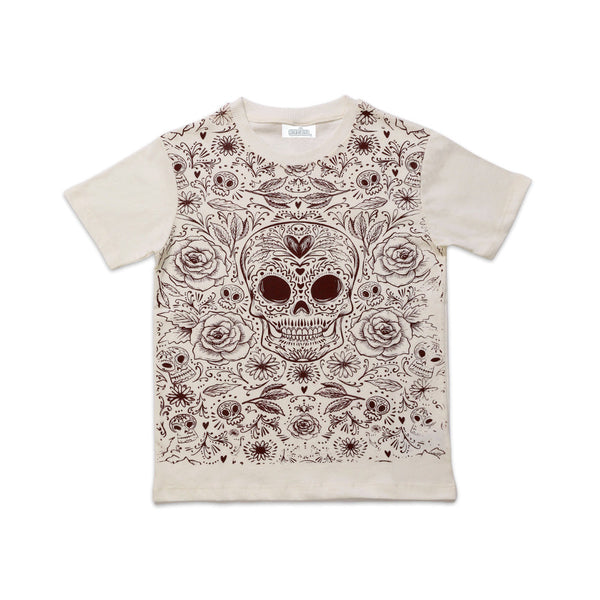 Playera Audaz para niño de algodón beige con estampado de calavera