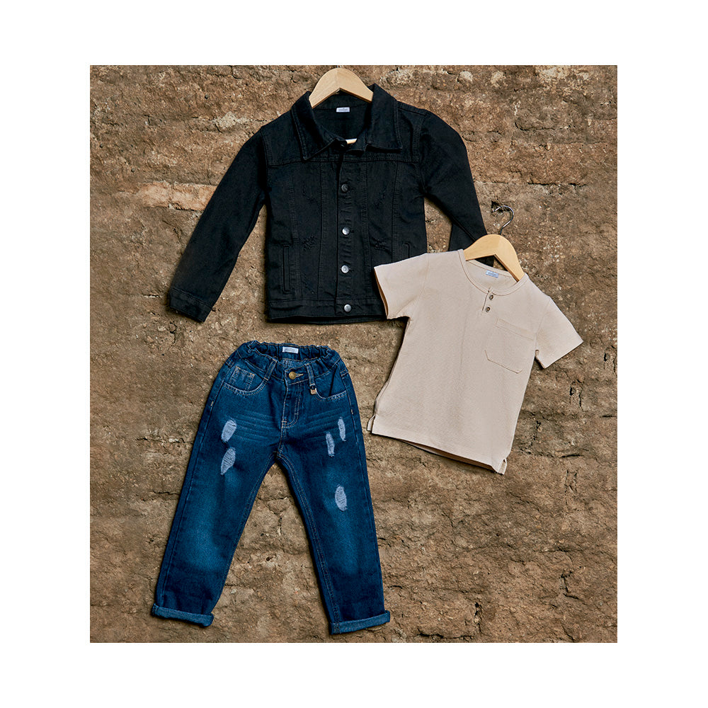 Playera Audaz para niño de algodón en  beige con botones y bolsillo