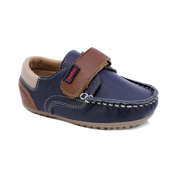 MOCASÍN AUDAZ PARA NIÑO DE PIEL COLOR AZUL MÁLAGA CON TIRA DE CONTACTO