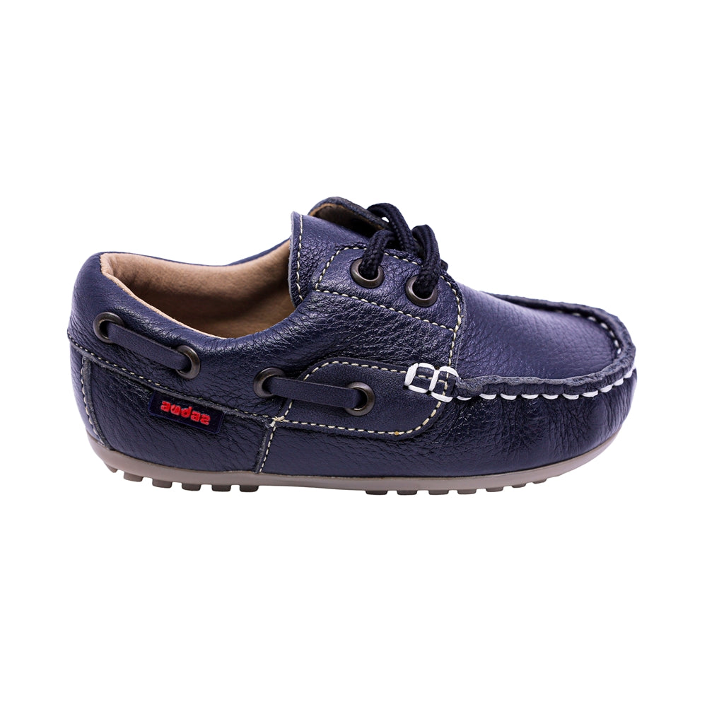 MOCASÍN AUDAZ PARA NIÑO COLOR AZUL DE PIEL MALAGA CON AGUJETA