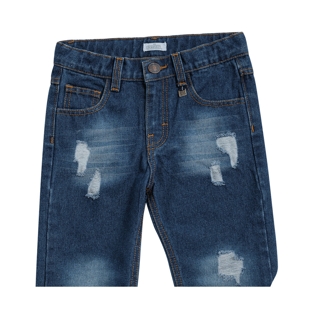 Jeans Audaz para niño de algodón azul marino con acabado deslavado
