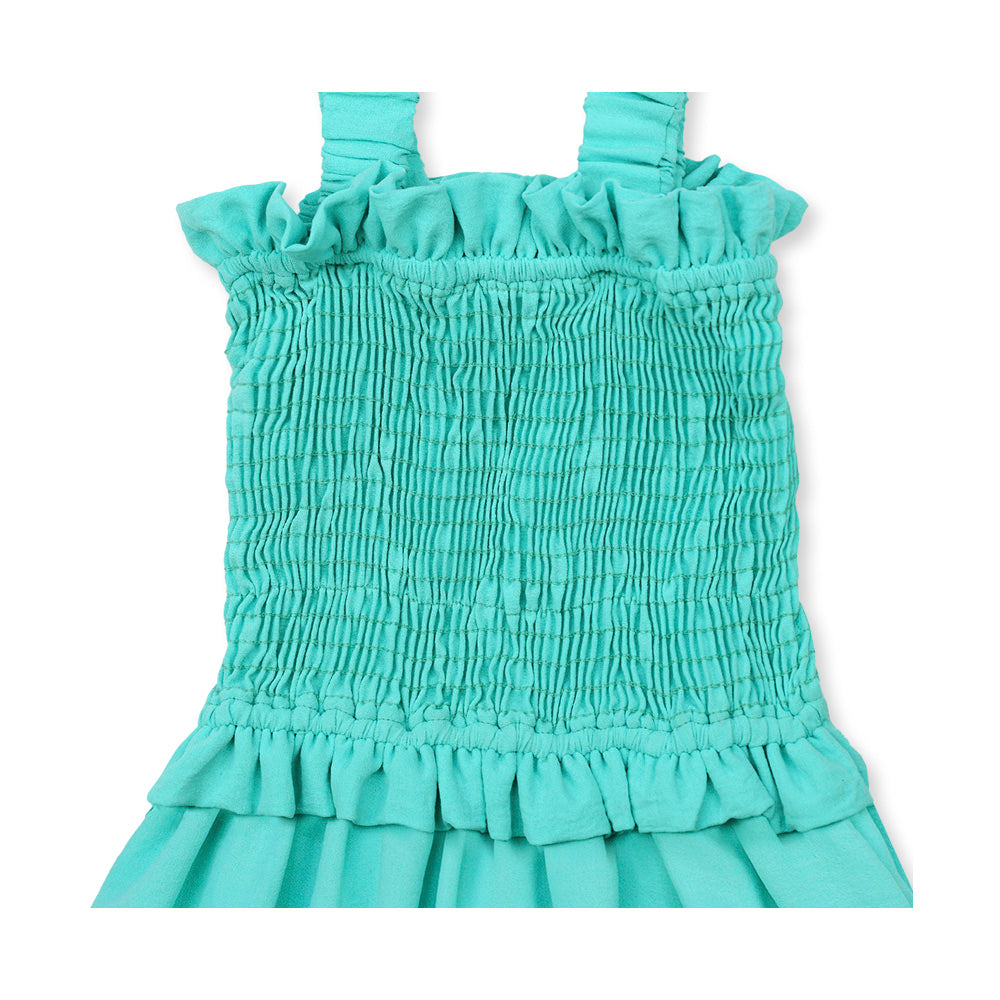 Vestido Coqueta para niña de algodón en  verde con diseño fruncido