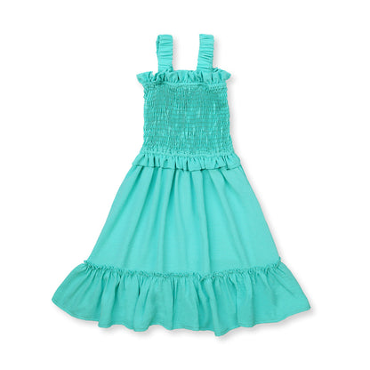Vestido Coqueta para niña de algodón en  verde con diseño fruncido